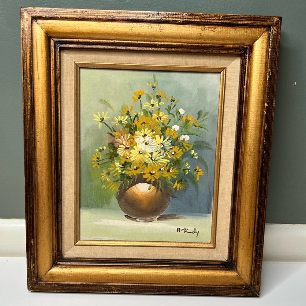 MCM Floral Oil Painting in Wooden Frame Yellow/White- Handmade in Mexico